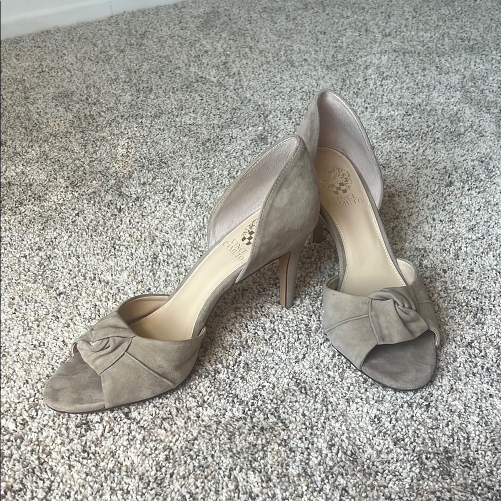 Vince Camuto Catiela Taupe Suede Open-Toe Heels